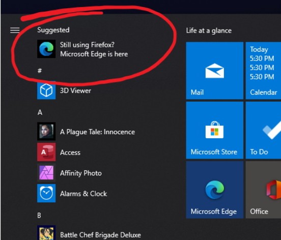 Microsoft tận dụng Start Menu trên Windows 10 để quảng cáo Microsoft Edge và không quên “cà khịa” cả Firefox - Ảnh 2.